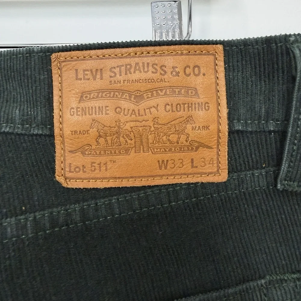 Vintage Levi's 511 Corduroy Pants Mens 33x34 Dark Green White Tab Big E Y2K